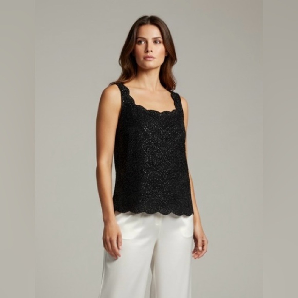 Sleeveless Black‎ Beaded Large Blouse Scalloped Neckline Party Cocktail